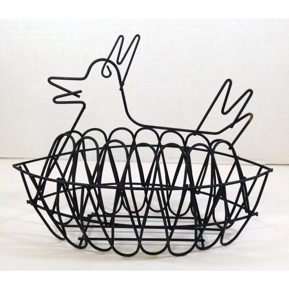 Vtg Wire Chicken Hen Egg Basket Black Farmhouse Country Homestead Kitchen 11x5x9